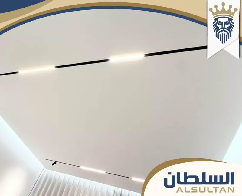 سقف جبس بورد أبيض بتصميم هادئ مزود بمسارات إضاءة خطية سوداء موزعة بشكل أنيق داخل الغرفة الحديثة جدا.